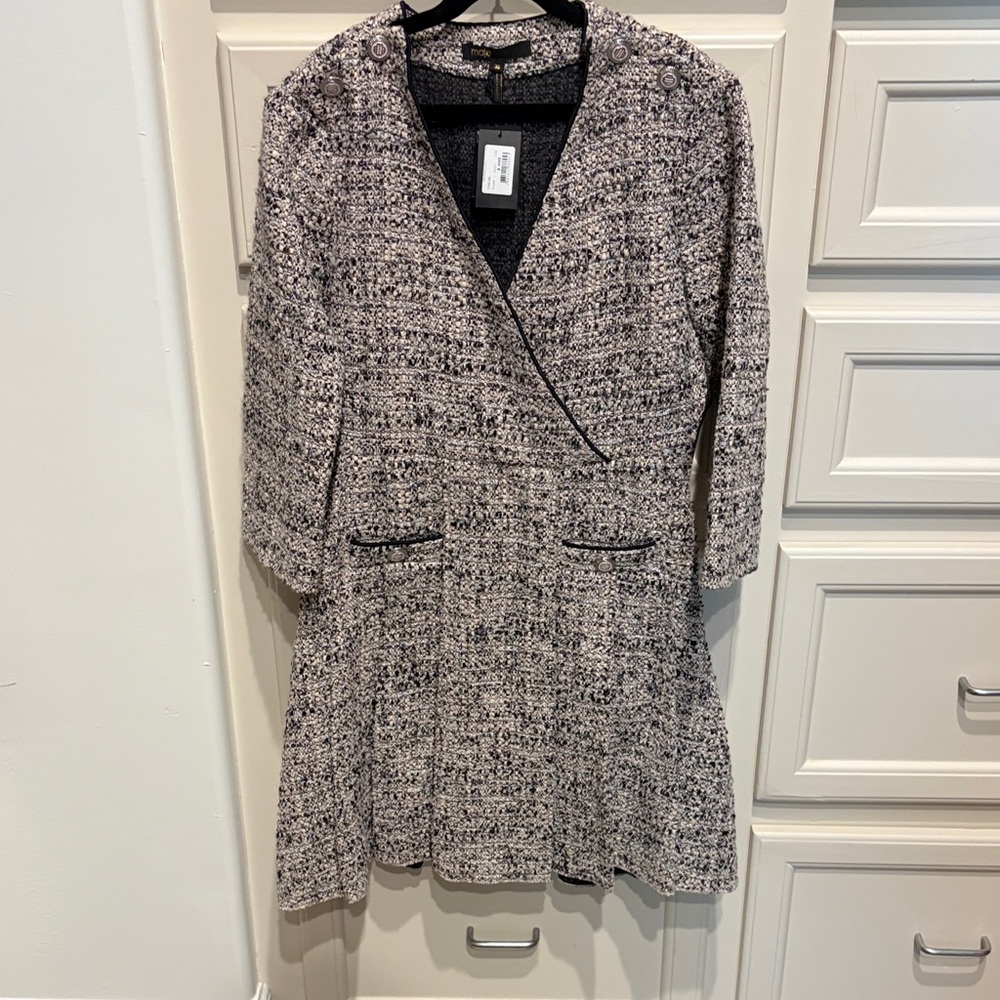 Maje Black & White Tweed Wrap-Style Long Sleeve Dress